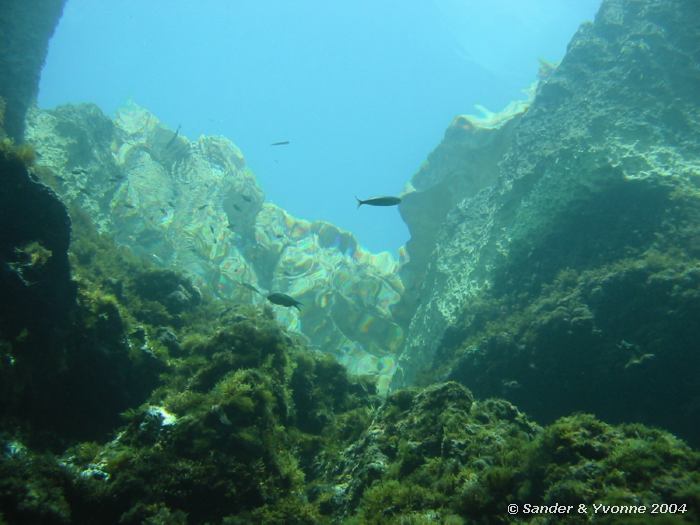 Vervormde wereld boven water vanuit blue hole, Blue Hole, Gozo, 11-6-2004